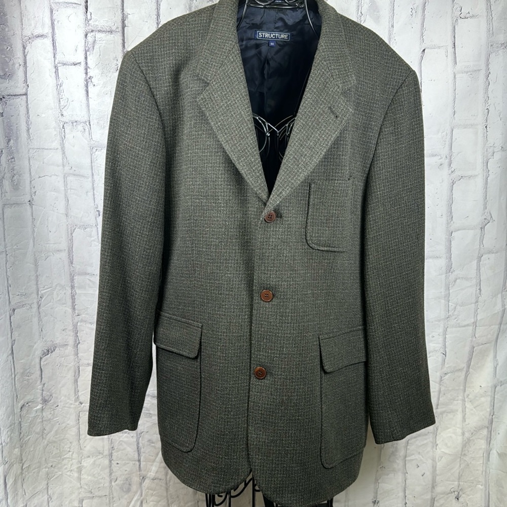 Structure Olive Green Tweed Blazer Wool Blend Single Breasted Fully Lined